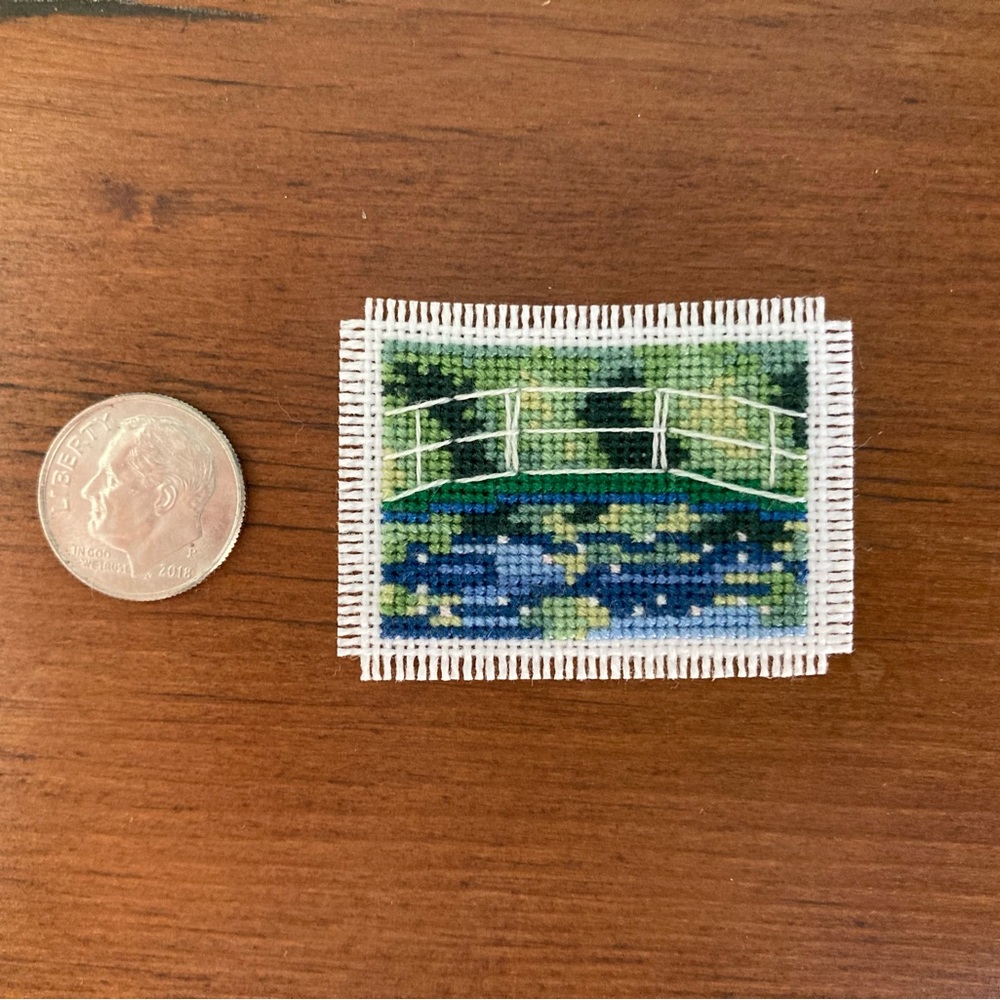 Monet’s “Bridge over a Pond of Water Lilies” in Mini Cross Stitch Art